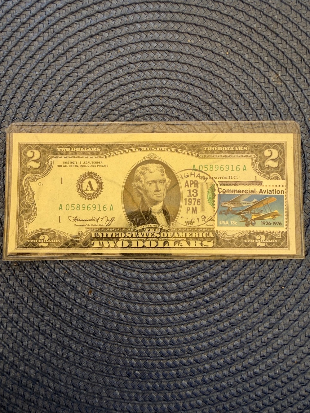 Misprinted Vintage US $2 Commemorative Bill with 1976 Aviation Stamp